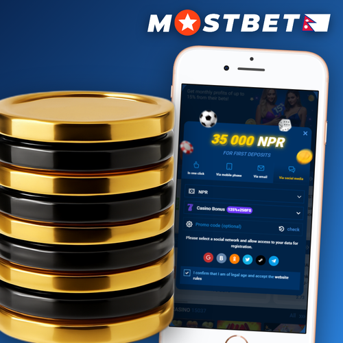 Mostbet register login screen on a smartphone with NPR currency selected in Nepal