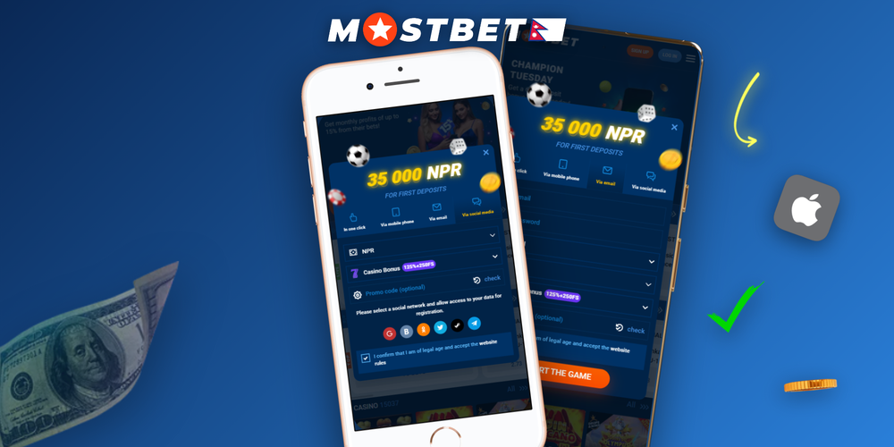 Mostbet registration methods banner displaying One-click, Phone, Email and Social sign-up cards