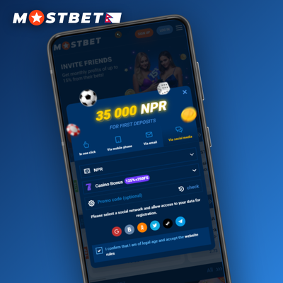Mostbet social login tile with interconnected platform bubbles for quick two-tap access in Nepal